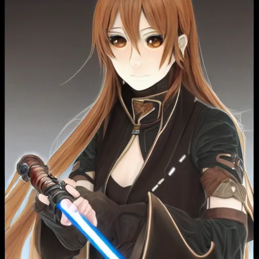 Image similar to Masterpiece head and shoulders portrait of a female Kazuto Kirigaya Kirito from SAO a young woman with brown long hair and bangs and wearing a long black coat breast-armor showing through, with light-saber, face, fantasy, intricate, elegant, highly detailed drawn by Donato Giancola and Fernanda Suarez and Artem Demura, face by Artgerm and Edmund Leighton, Alphonse Mucha, background by James Jean and Gustav Klimt, 4k, porcelain skin, komorebi, french nouveau, trending on pixiv, octane render, hyperrealistic