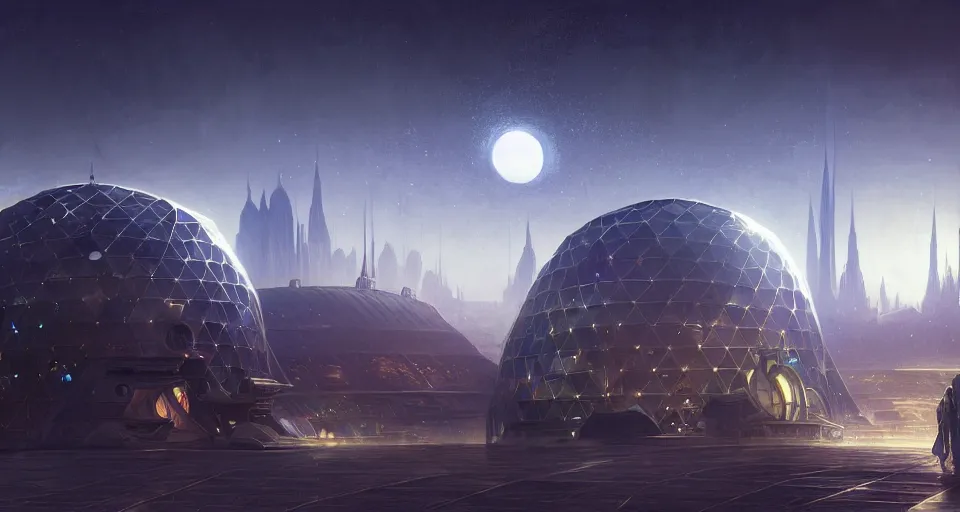 Image similar to cinematic shot, futuristic city on the moon inside a giant geodesic dome, utopian, night, stars, digital painting, artstation, concept art, smooth, sharp focus, illustration, intricate, elegant, highly detailed, in the style of greg rutkowski and alphonse mucha and artemisia, 8 k, highly detailed, jurgens, rutkowski