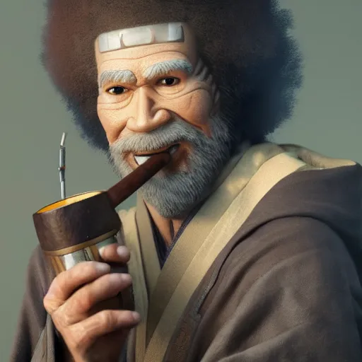 Image similar to an ultra detailed matte painting of bob ross smoking a pipe and dressed as a wandering samurai, edo japan, concept art by jeong seon and greg rutkowski, octane render, 8 k, detailed face