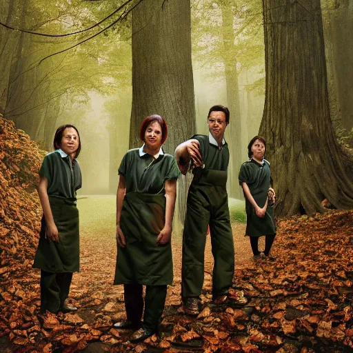 Image similar to closeup portrait of cleaners trying to hold back the falling leaves in a forest, detailed face, by Steve McCurry and David Lazar, CANON Eos C300, ƒ5.6, 35mm, 8K, medium-format print