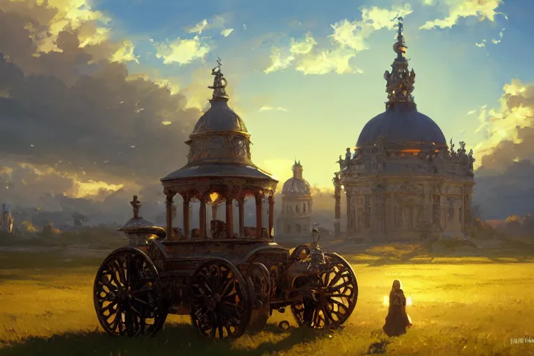 Prompt: an mobile ornate baroque church with chain wheels, scene in an open field. key visual, conceptart, ambient lighting, highly detailed, digital painting, artstation, concept art, sharp focus, by makoto shinkai and akihiko yoshida and greg manchess