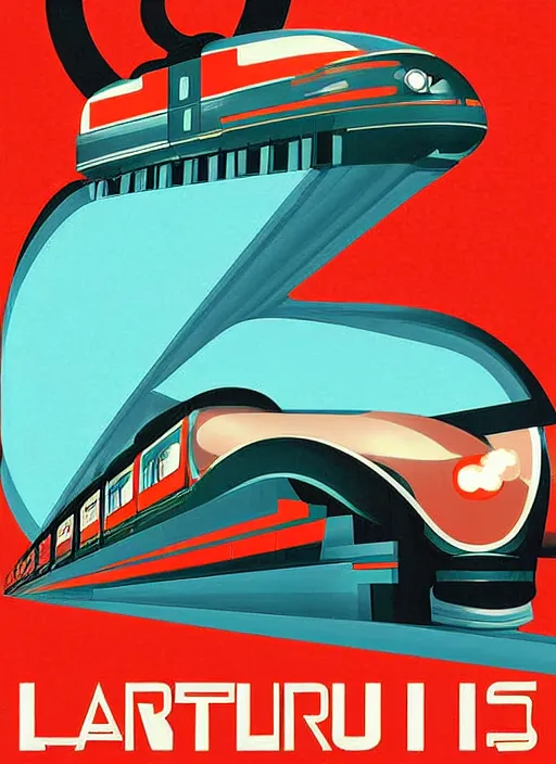 Image similar to retro futuristic print poster design, digital art, of an Art Deco train designed and illustrated by Larent Durieux