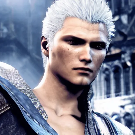 Image similar to Vergil, from dmc5, son of Sparda, beautiful, 4k, detailed face, aesthetic, realistic face, cool