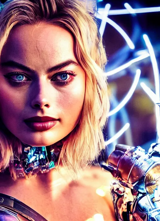 Image similar to beautiful Margot Robbie wearing a Cyberpunk outfit, accurate anatomy, abstract sun in background, shiny soft skin, soft lighting, sharp details, warm colors, full body portrait, 35 mm film, subsurface scattering, lens flare