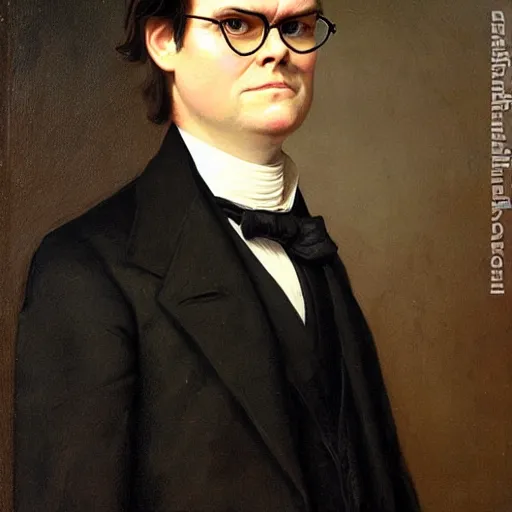 Image similar to portrait of dwight schrute wearing a tuxedo and smirking, as painted by augustus edwin mulready