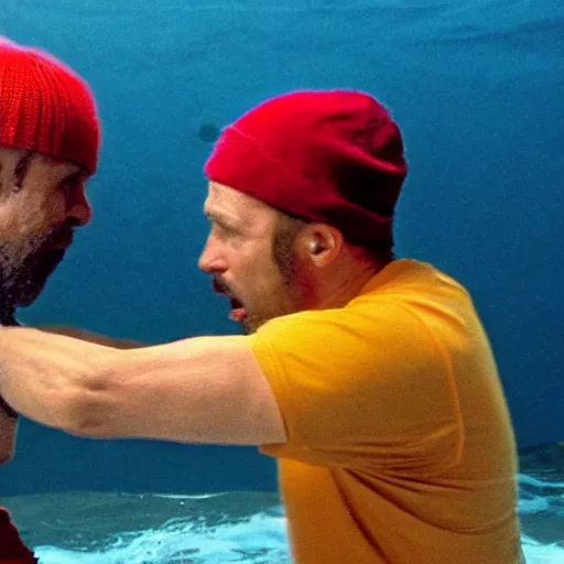 Prompt: steve zissou having a fist fight with a great white shark