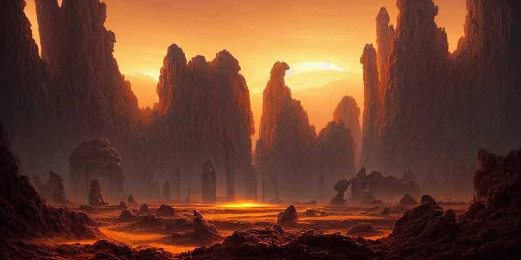 Image similar to strange surface of another planet at sunset ruins of ancient civilization, ultra high definition, ultra detailed, symmetry, god rays, sci - fi, dark fantasy, by greg rutkowski and ross tran