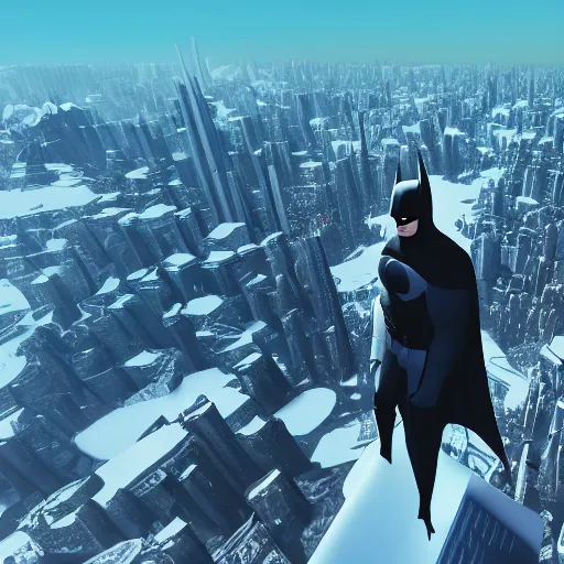 Image similar to batman standing on top of a snowy mountain top and looking down on a futuristic city, 4 k