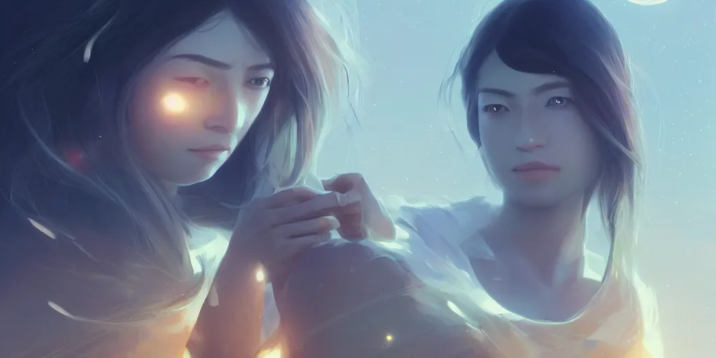 Image similar to Young Himalayan woman, somber white eyes, long ashy hair, gentle lighting, piloting a small space shuttle, futuristic, dim lighting, digital art by Makoto Shinkai ilya kuvshinov and Wojtek Fus, digital art, concept art,