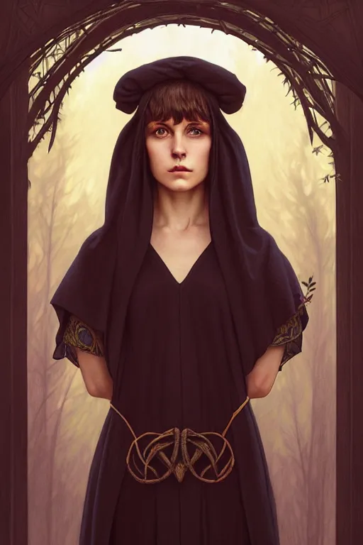 Image similar to symmetry portrait of welsh brunette witch student in mans tunic, tomboy, short hair, forest, magic, intricate, elegant, highly detailed, digital painting, artstation, concept art, smooth, sharp focus, illustration, art by artgerm and greg rutkowski and fra angelico and alphons mucha