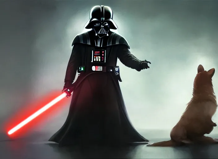 Prompt: a Photorealistic dramatic hyperrealistic render of darth vader with lightsaber drawn facing off against a cute corgi in battle, futuristic star wars vibe, by WLOP and Artgerm and Greg Rutkowski and Alphonse Mucha, Beautiful dynamic dramatic dark moody lighting, shadows, cinematic atmosphere, Artstation, concept design art, Octane render, 8K, masterpiece