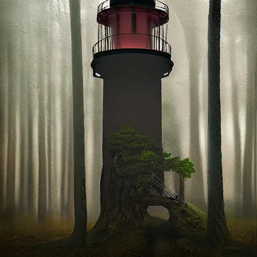 Prompt: a forest lighthouse, portrait by mikelangelo fantasy, artwork, digital art, highly detailed face, nature, light, fog