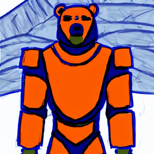 Image similar to A bear in orange and blue cyber armor facing you