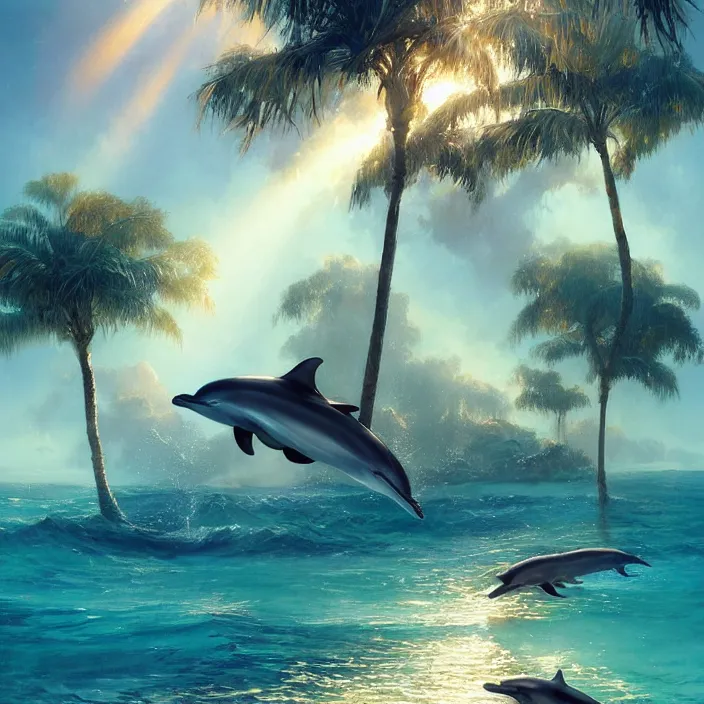 Image similar to dolphins swimming, golden hour, god rays, by greg rutkowski and artgerm and ruan jia and ismail inceoglu and greg olsen, palm trees, cosmos, milky way galaxy, masterpiece, beautiful, intricate, elegant, highly detailed