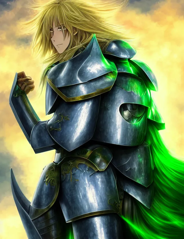 Image similar to an anime portrait of a long haired blonde man with blue eyes in green plate armour glowing with green energy, trending on artstation, digital art, 4 k resolution, detailed, high quality, sharp focus, hq artwork, coherent, insane detail