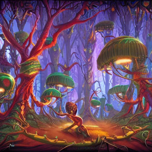 Image similar to dmt-machine-elves by artist-Nathan-Spoor, crawling across the circus floor, climbing up the winding trees