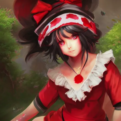 Prompt: portrait of reimu hakurei from touhou, matte painting by ross tran, artstation