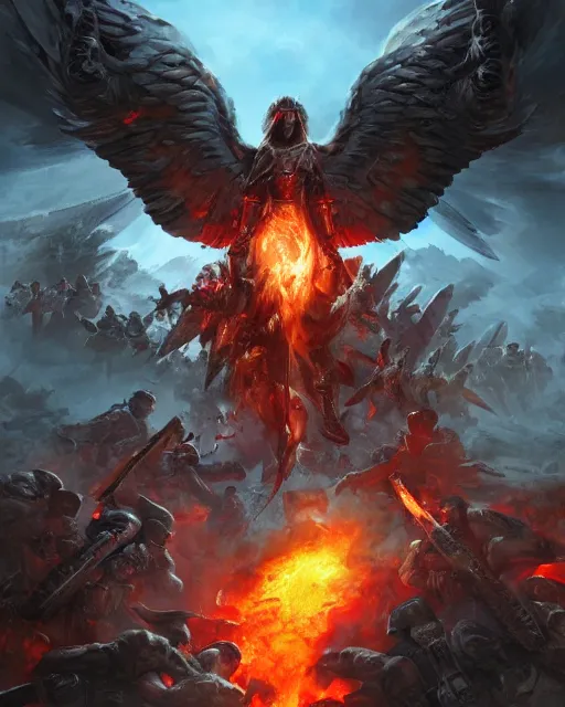 Prompt: a detailed digital painting of the most archangel battalion commander leading the charge against hells spawn. trending on artstation, supernatural, unreal engine, atmospheric, epic, crisp, detailed