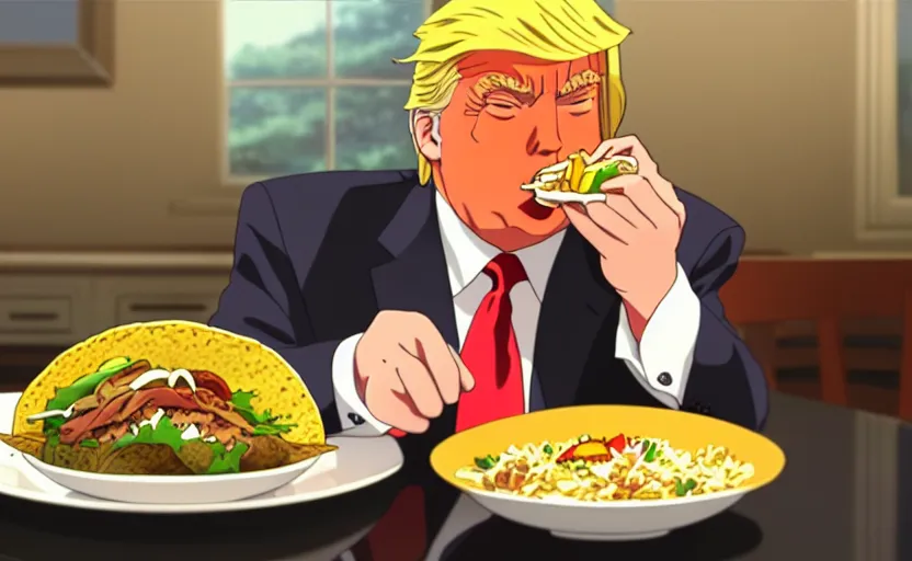 Image similar to beautiful makoto shinkai anime style digital film still portrait of donald trump eating a taco bowl, 4 k, 8 k, hd, high resolution, highly detailed, intricate detail, ultra realistic faces, digital art, trending on artstation, your name, weathering with you