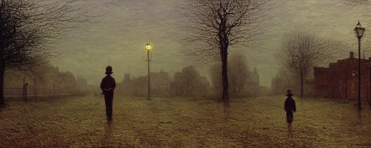 Image similar to a boy lost in a ghost town, in the style of john atkinson grimshaw, landscape, romanticism, streetscape, symbolism, impressionism