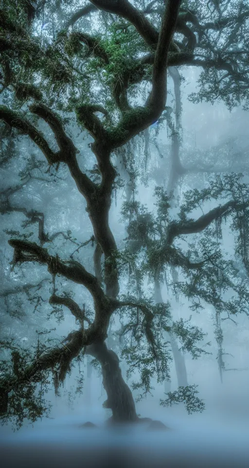 Prompt: ancient oak forest in blue hour light and misty waterfalls