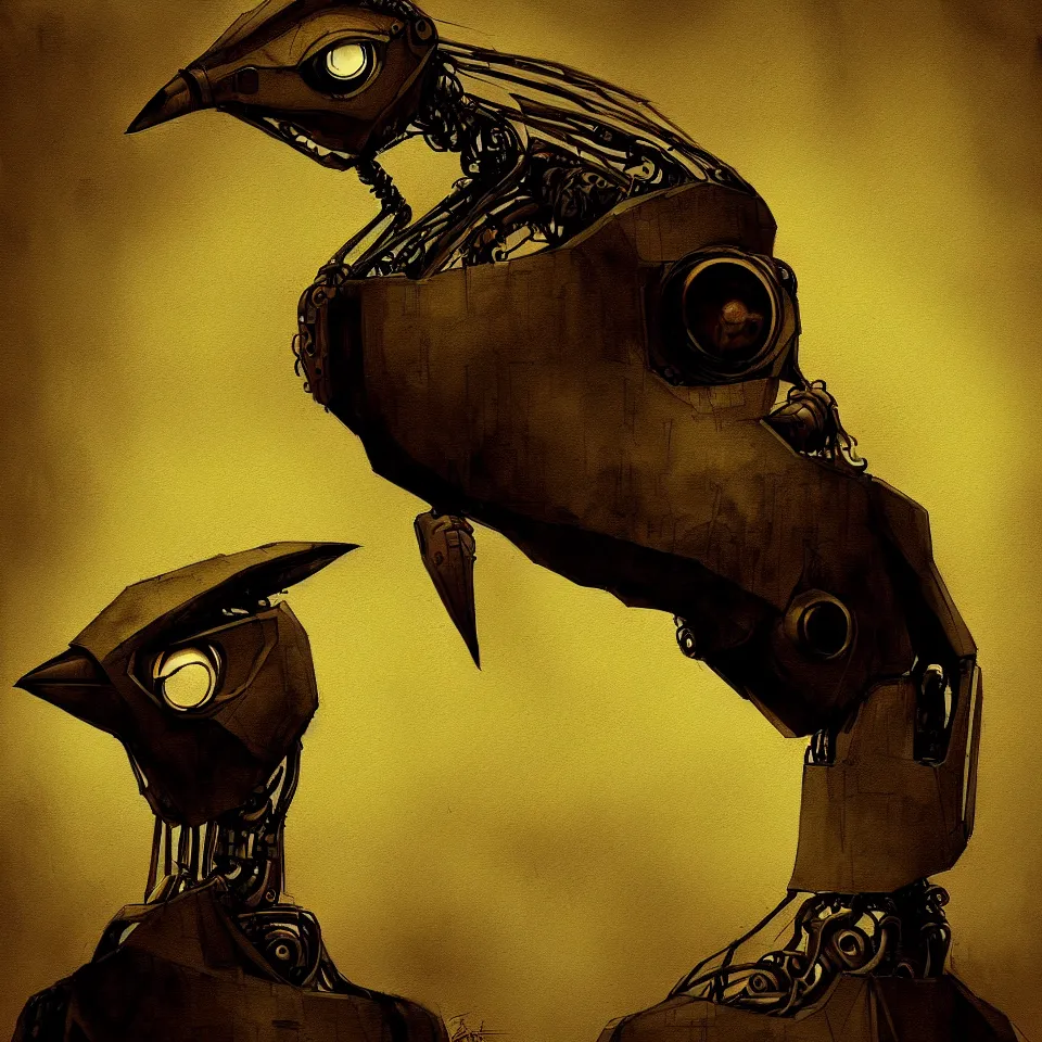 Image similar to portrait of a robotic bird by ben templesmith, portrait, cinematic, epic composition, digital painting, digital art, masterpiece