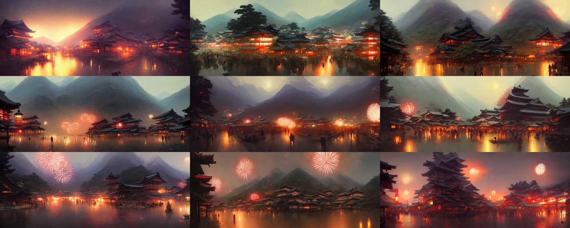 Image similar to japanese mountain countryside small town, landscape, summer festival night, fireworks, illustration, highly detailed, digital painting, concept art, matte, art by ruan jia and wlop and greg rutkowski and makoto shinkai, masterpiece