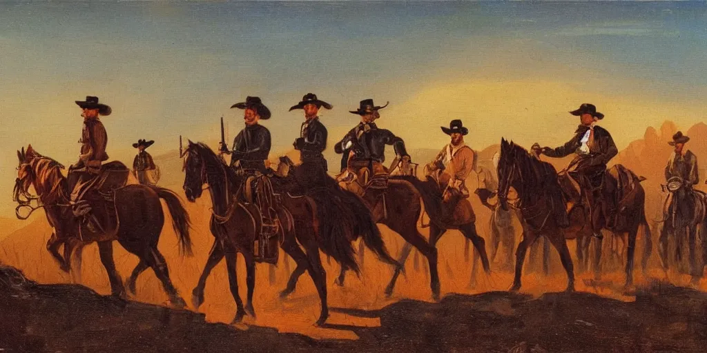 Image similar to a band of outlaws walking in the wild west at sunset, as a XIXth century painting