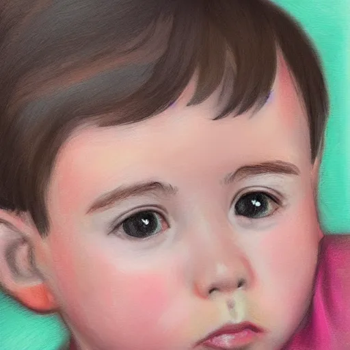 Prompt: a digital portrait of a 3 year old with black hair,hazel green eyes, drawn in the style of mark Arian