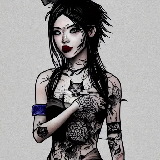 Image similar to tattoo design, stencil, portrait of a post apocalyptic japanese girl, artgerm, cat girl