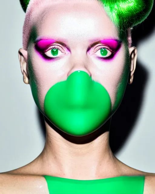 Image similar to symmetrical close - up portrait of a woman wearing a emerald green silicone beauty mask and pink hair buns, wearing a black bodysuit by alexander mcqueen, cream white background, biotechnology, bjork aesthetic, translucent, by rineke dijkstra, masterpiece,