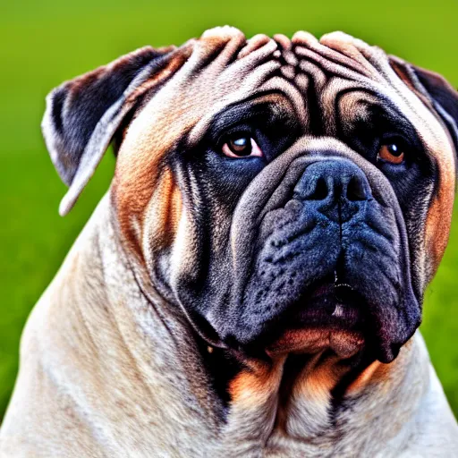 Prompt: a sunset patterned bullmastiff in a white room