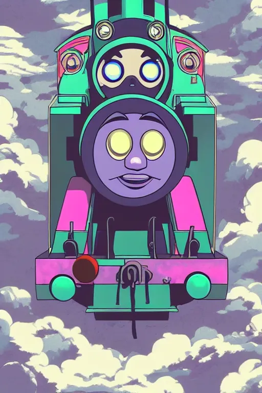 Image similar to concept art painting of a demonic thomas the tank engine, artgerm, moebius, inio asano, toon shading, cel shading, calm, tranquil, vaporwave colors,