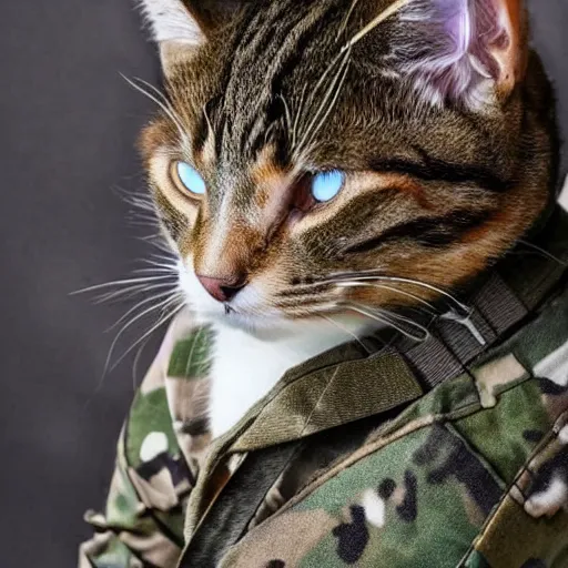 Prompt: cat using army clothes