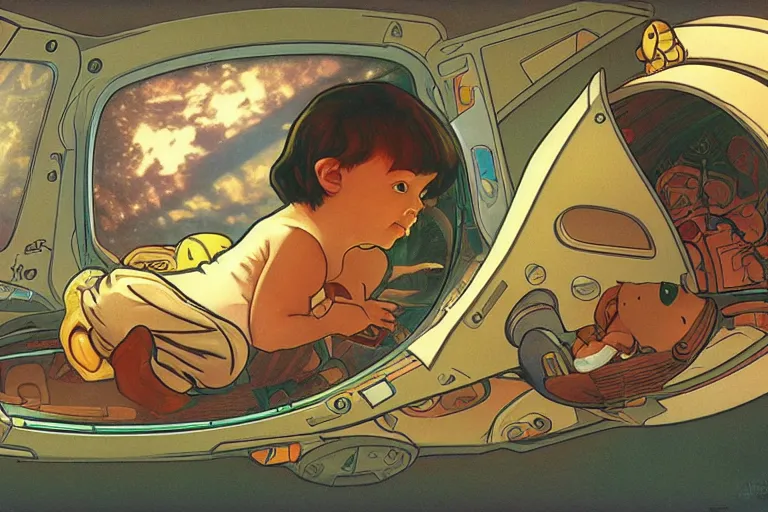 Image similar to a baby in a spaceship, very detailed, smooth render, illustration, art style by shigeru miyamoto and Alphonse Mucha