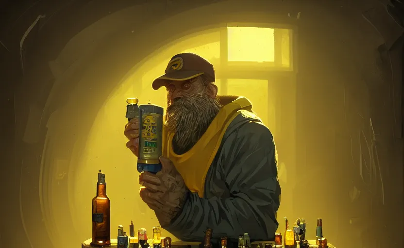 Prompt: hobocop with yellow plastic bag full of bottles from the disco elysium, concept art by aleksander rostov, artstation trending, symmetry, awesome exposition, very detailed, highly accurate, intricate, professional lighting diffracted lightrays, 8 k, sense of awe, gamers magazine cover