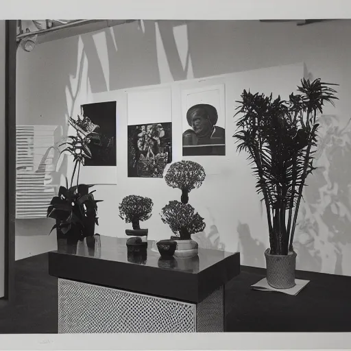 Image similar to A black and white photography printed in offset lithography of an exhibition space with works of Sun Ra, Marcel Duchamp and tropical plants, 60s, Modern Art