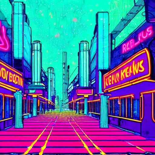 Image similar to walking alone in the boulevard of broken dreams, with neon lights, hyper detail, in the style of moebius, rule of thirds