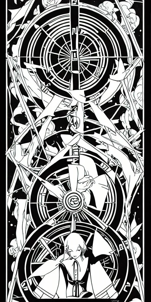 Image similar to Wheel of Fortune tarot card by a famous anime artist, clean and sharp lines, minimalistic, taoist