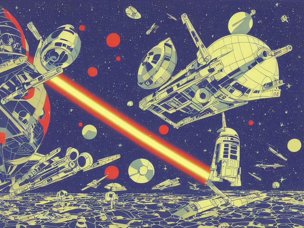 Prompt: the perfect star wars spaceship flying and squirting fluorescent liquid in the universe, small reflecting rainbow stars, flat design, screen print by Kawase Hasui and Yves Klein, in the foreground is a floating skeleton by James Gurney