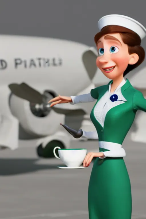 Prompt: female flight attendant with green eyes holding white teacup with economy seats in background, full body. pixar disney 4 k 3 d render funny animation movie oscar winning trending on artstation and behance, ratatouille style