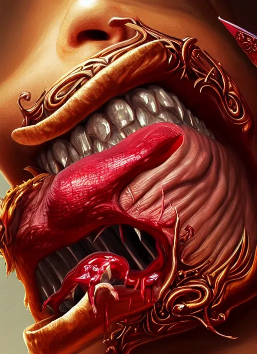 Image similar to incubus sticking out tongue with blood, realistic, surealism, lavish, steep, aesthetic, extravagant, shiny, fantasy, intricate, elegant, extremely higly detailed, digital painting, artstation, ornate, grotesque, baroque, concept art, smooth, sharp focus, by joongwon charles jeong and diego fazio