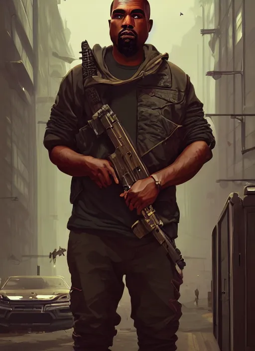 Image similar to highly detailed portrait kanye holding ak in gta v stephen bliss unreal engine fantasy art by greg rutkowski loish rhads ferdinand knab makoto shinkai lois van baarle ilya kuvshinov rossdraws tom bagshaw global illumination radiant light detailed intricate environment