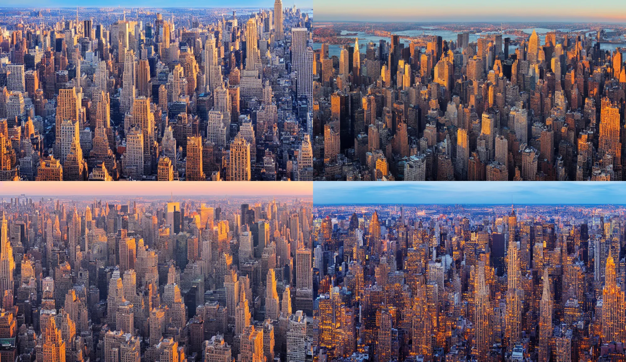 Prompt: A photo of a Manhattan city viewed from the above, during sunset, golden hour