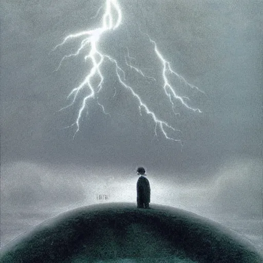 Image similar to killua zoldyck made by zdzisław beksinski, thunderstorm, 8 k, detailed, cinematic, rain, crying, black