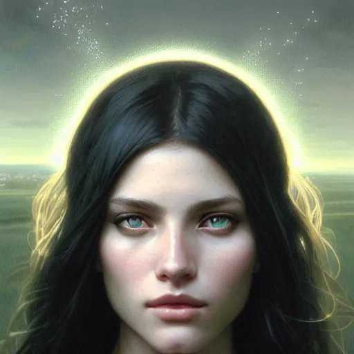 Prompt: face portrait of a very beautiful girl, fair skin, green eyes, black long hair, realistic face, no lipstick, ultra realistic, concept art, intricate details, eerie, highly detailed, photorealistic, octane render, 8 k, unreal engine. art by artgerm and greg rutkowski and charlie bowater and magali villeneuve and alphonse mucha