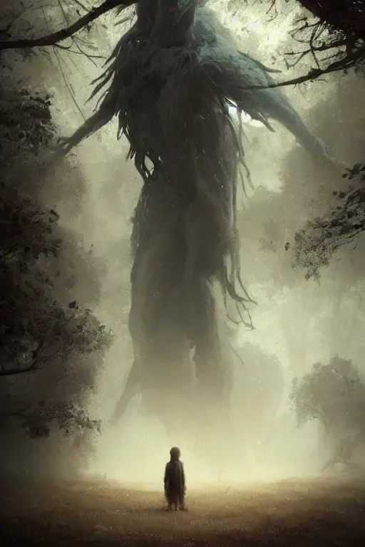 Image similar to a beautiful terrifying humanoid tree beast looms over a tiny human. at dawn, ethereal fantasy art by greg rutkowski