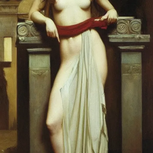 Prompt: a stunnin Grecian beauty by John Collier, flowing robes, antiquated
