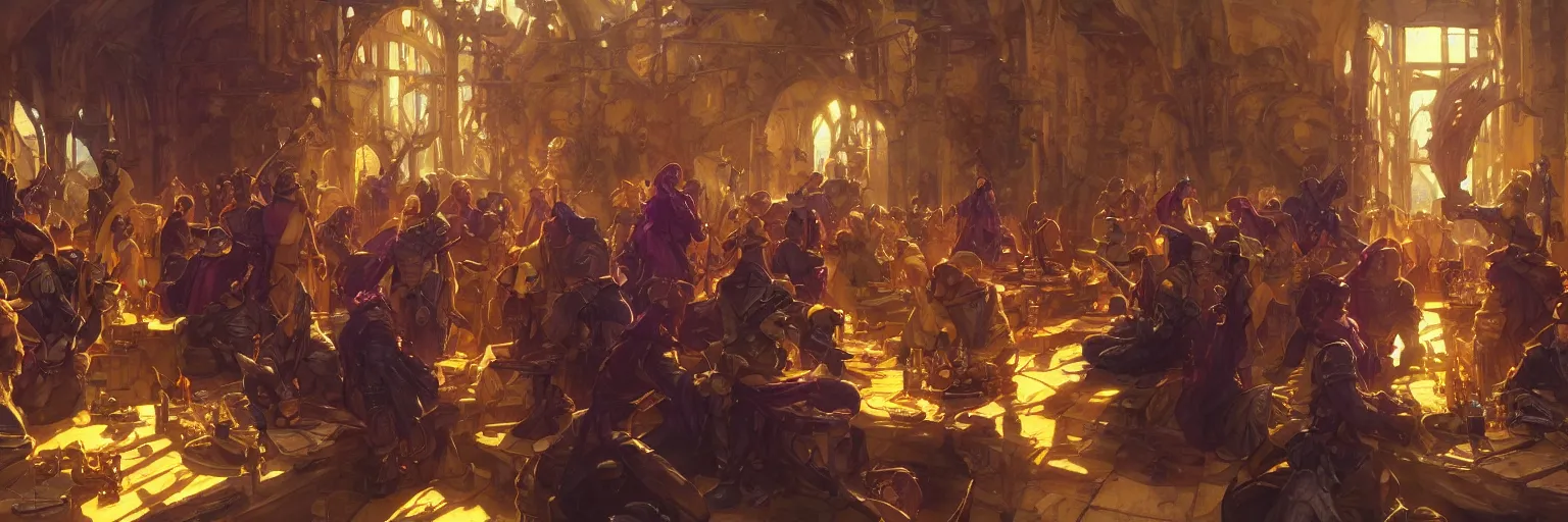 Prompt: armorer's guild gathering in the forge, golden light, deep dark purple waters, highly detailed, digital painting, artstation, concept art, smooth, sharp focus, illustration, art by artgerm and greg rutkowski and alphonse mucha