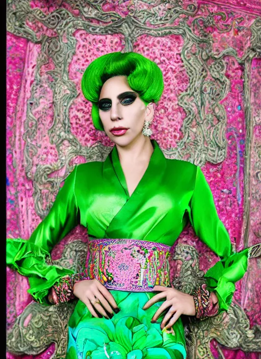 Image similar to portrait of lady gaga wearing green kebaya with pink silk belt and batik skirt, by charlotte grimm, natural light, detailed face, beautiful features, symmetrical, canon eos c 3 0 0, ƒ 1. 8, 3 5 mm, 8 k, medium - format print, half body shot